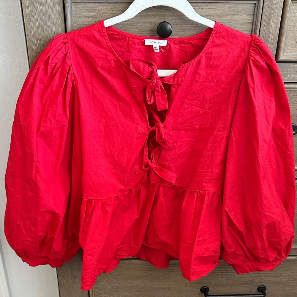 JODIFL Vibrant Red Tie-Front Blouse